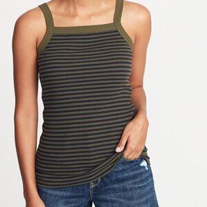 Old Navy Ribbed Knit Striped High Neck Slim Fit Stretch Tank Top Blue Green